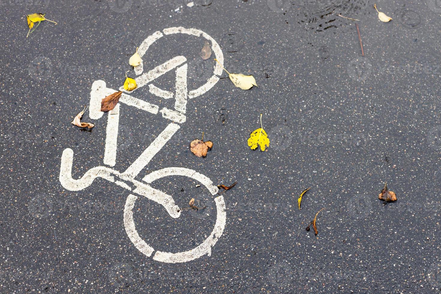 nat oppervlakte van fiets rijbaan in stad in regen foto