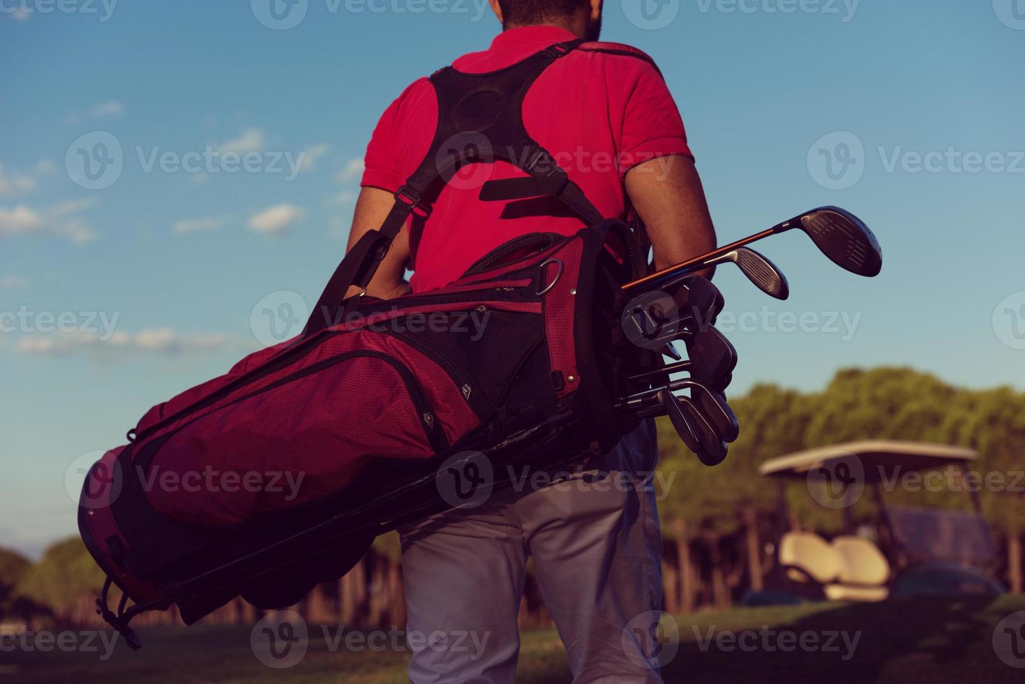 dichtbij omhoog van golfers terug terwijl wandelen en draag- golf zak foto