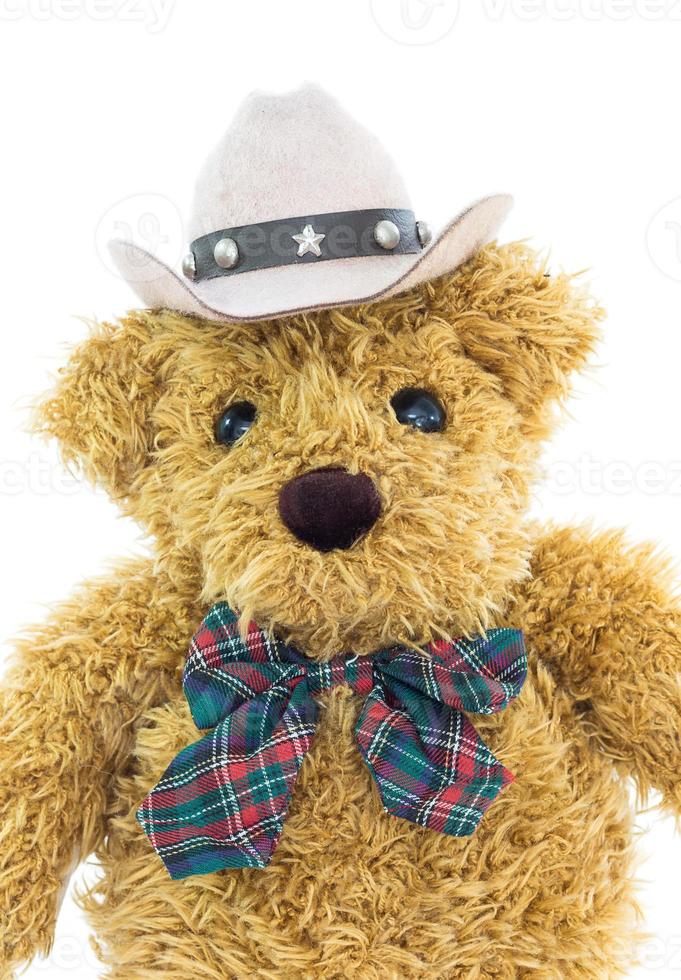 close-up cowboy teddybeer op wit foto