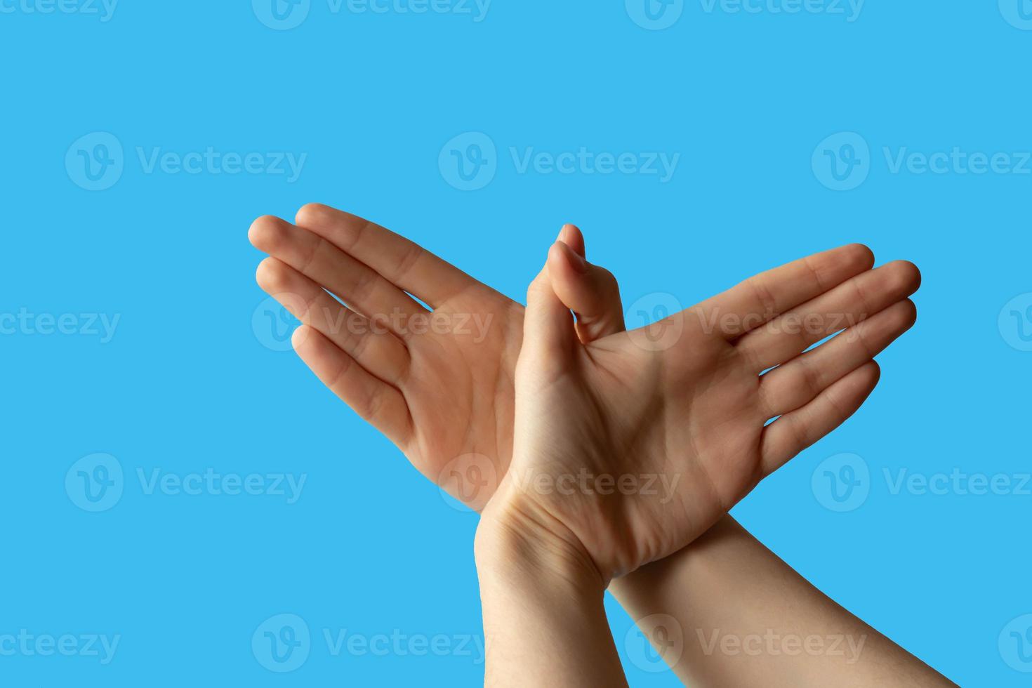 silhouet van een hand- gebaar vergelijkbaar naar een vogel vliegend Aan een blauw achtergrond foto