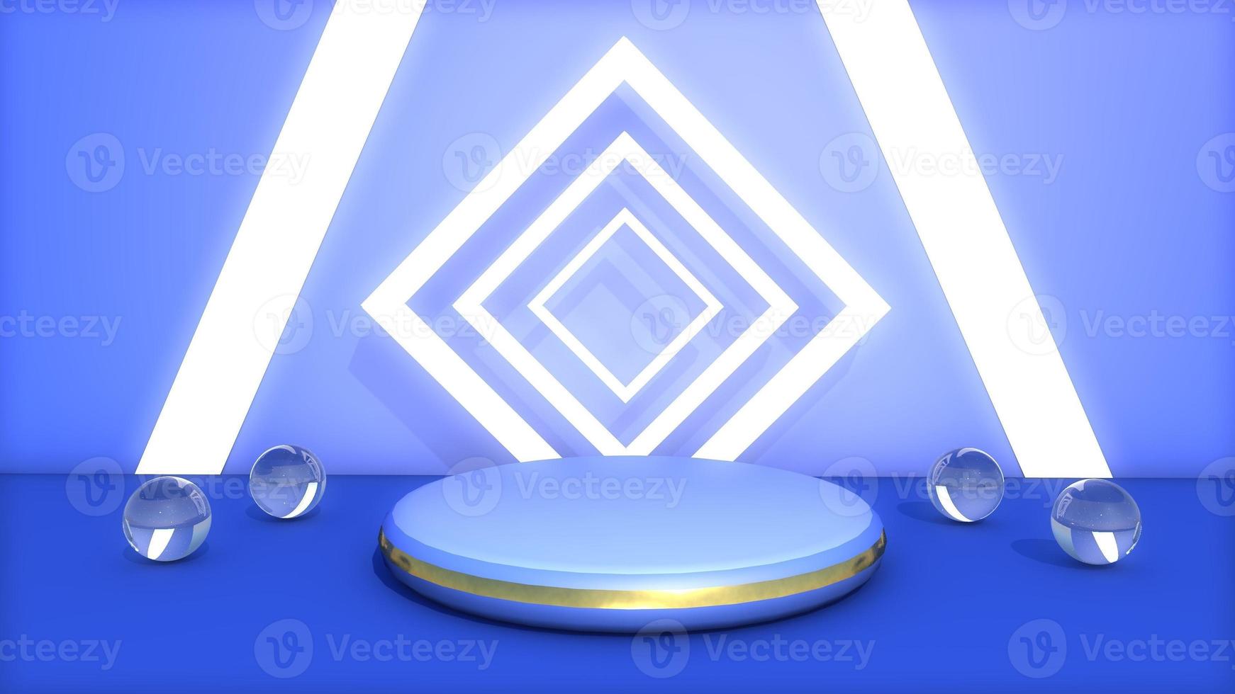 Product podium voetstuk presentatie Scherm staan 3d geven neon kristal in blauw kamer foto