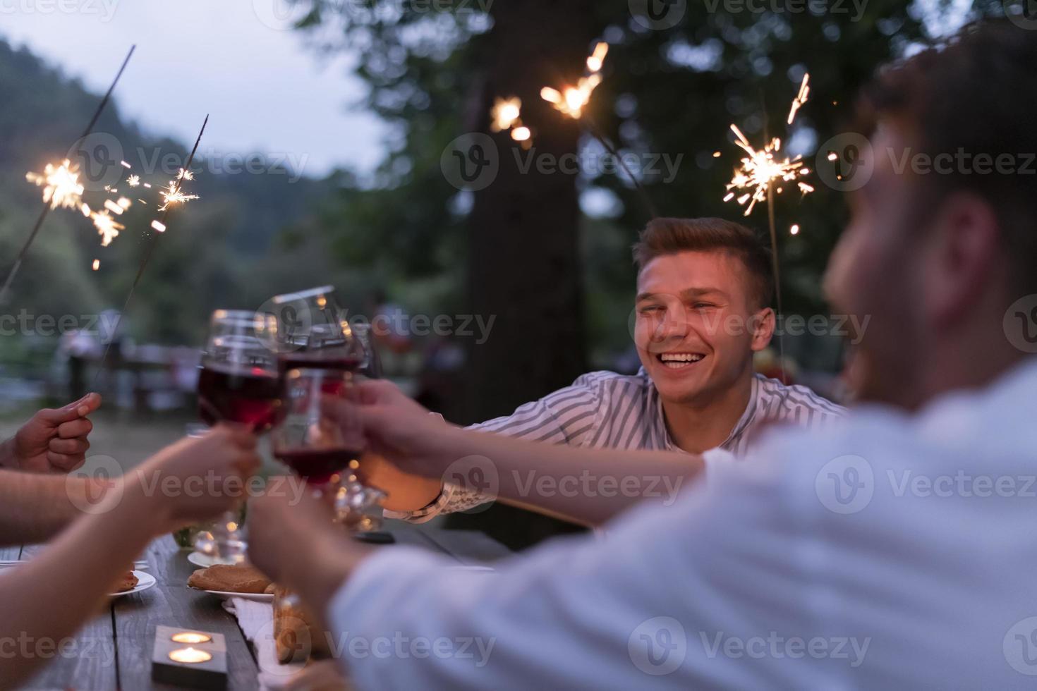 vrienden roosteren rood wijn glas terwijl hebben picknick Frans avondeten partij buitenshuis foto