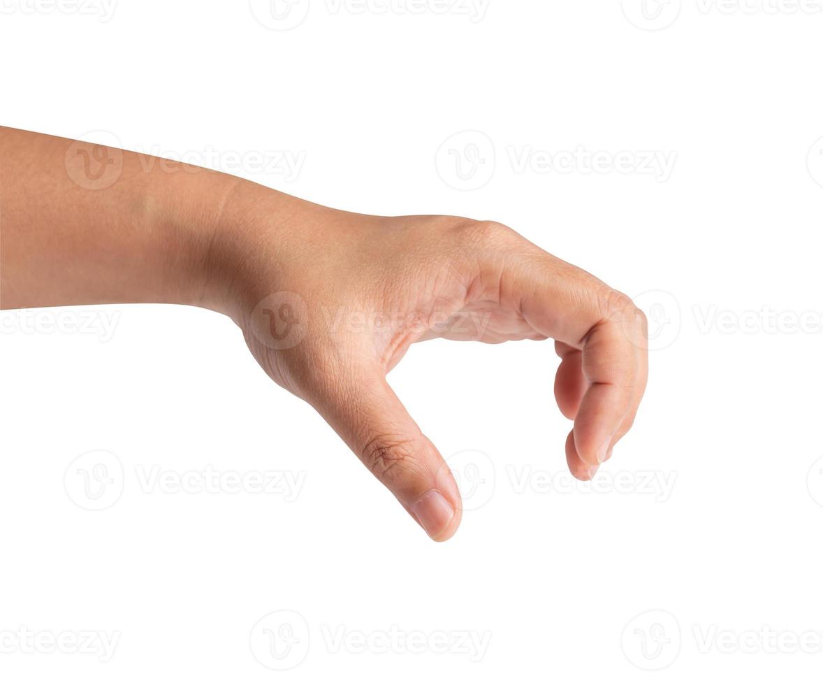 vrouw hand- Holding iets Aan wit achtergrond foto