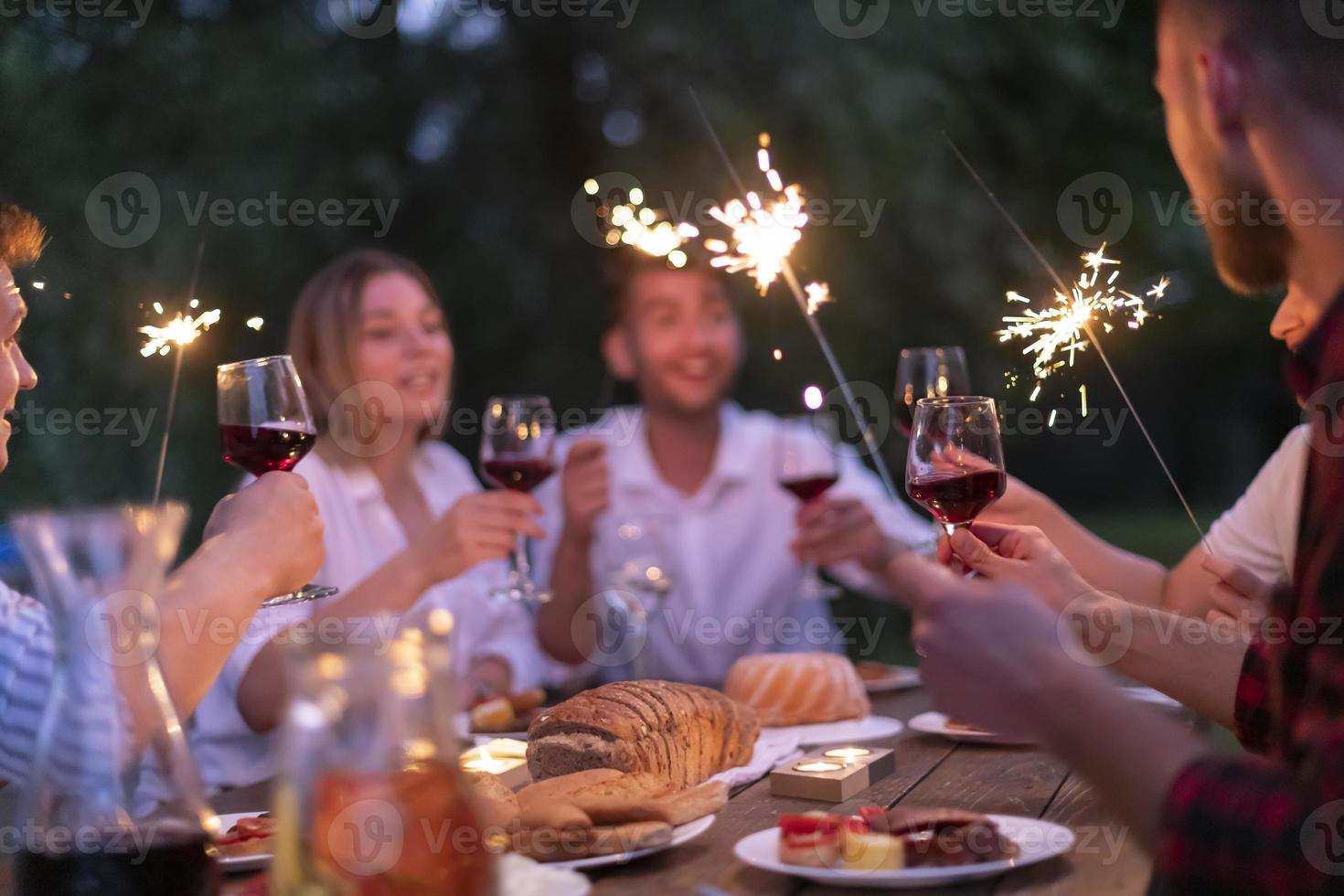 vrienden roosteren rood wijn glas terwijl hebben picknick Frans avondeten partij buitenshuis foto