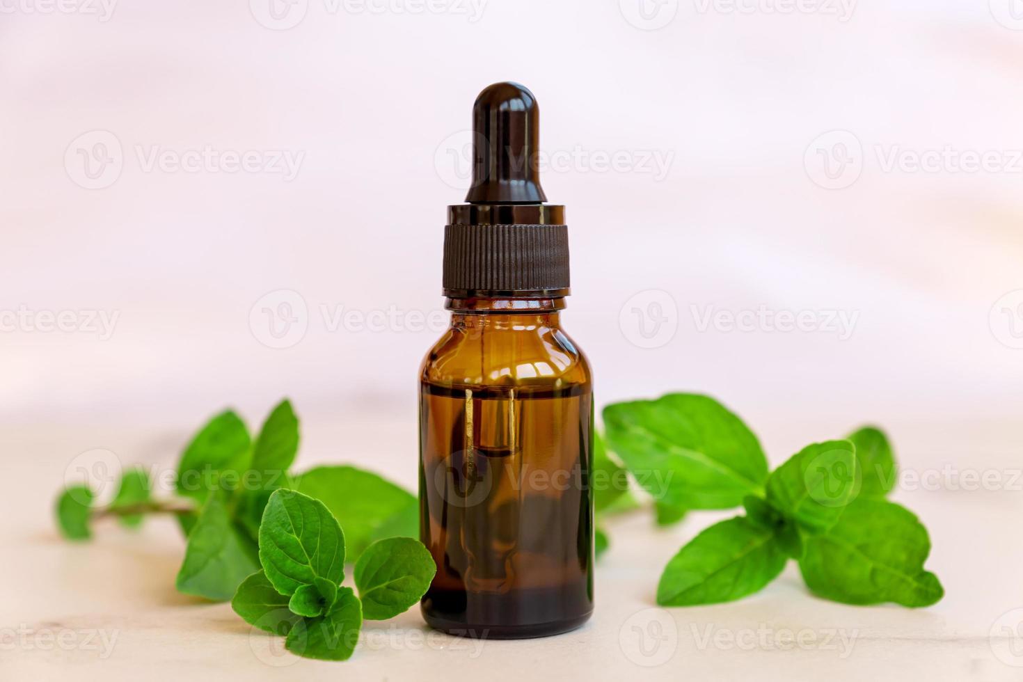 fles met munt essentieel olie en groen bladeren. vers groen pepermunt kruiden essentie voor spa en alternatief madicine foto