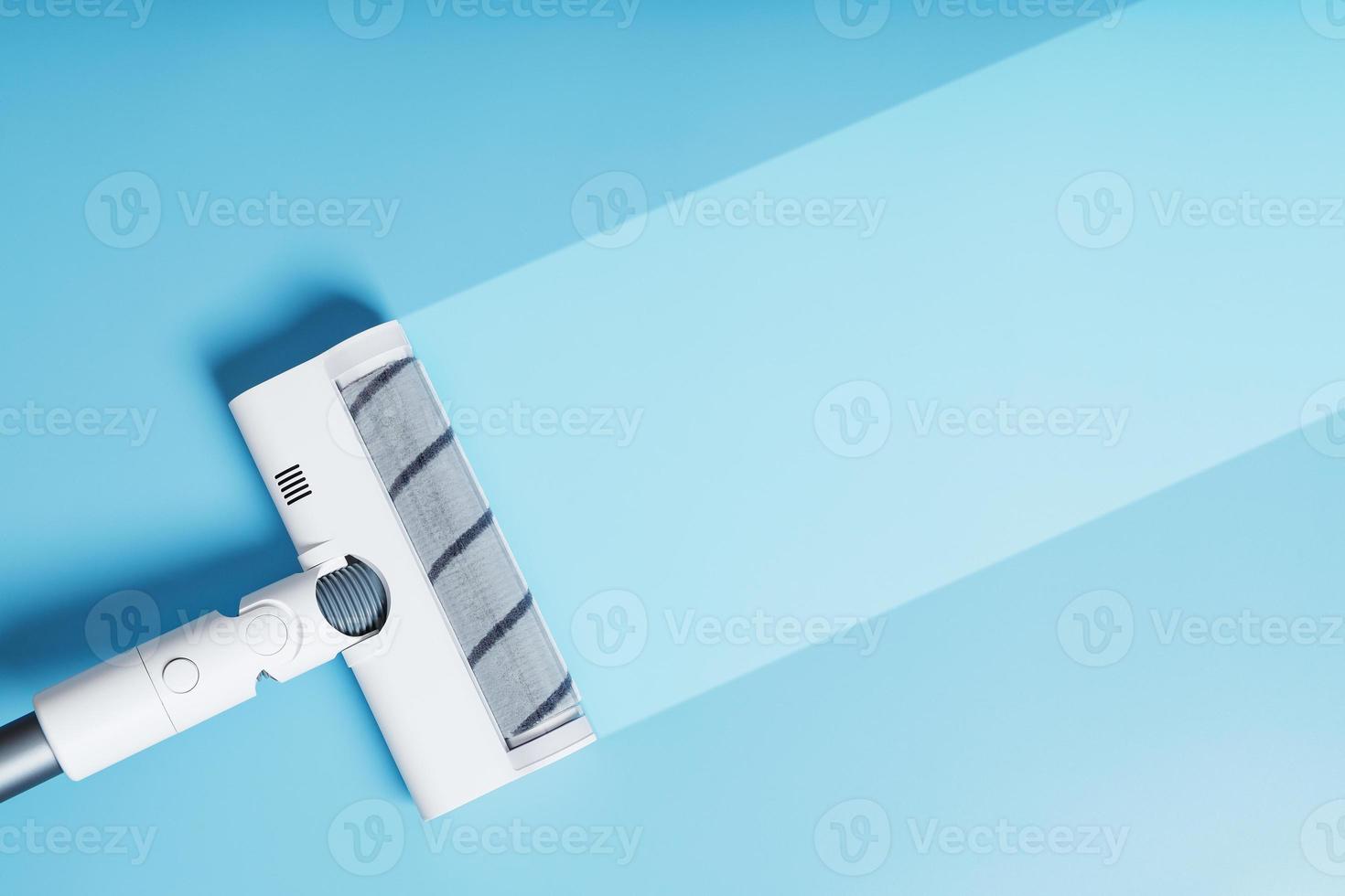 wit vacuüm schoonmaakster borstel Aan een blauw achtergrond met een schoon streep foto