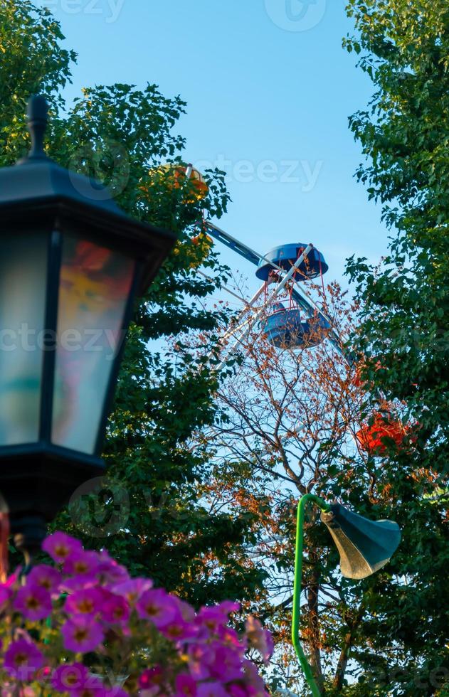 landschap van een amusement park met lantaarn versierd met bloemen achtergrond de top van een ferris wiel tonen bovenstaand de boom tops tegen een lucht. foto