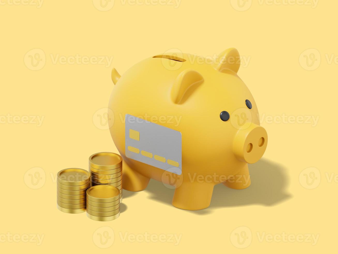 accumulatie van spaargeld icoon. 3d weergave. geel varkentje bank met stapels van munten, credit kaart Aan geel achtergrond. foto