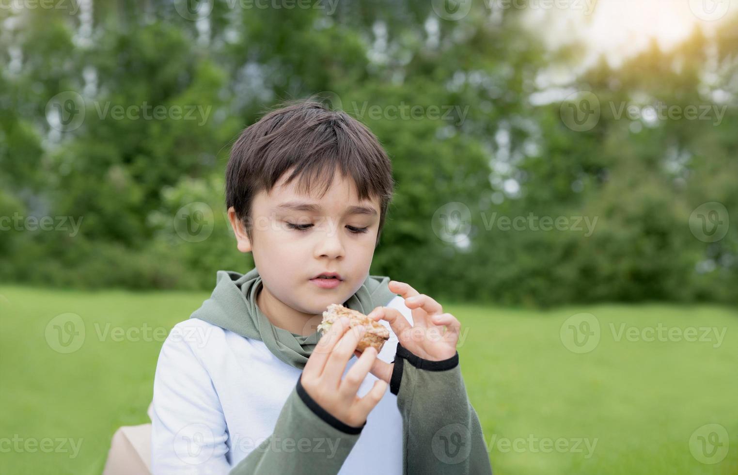 hongerig jong jongen aan het eten eigengemaakt brood boterhammen met gemengd groenten, school- kind locatie Aan groen gras aan het eten zijn tussendoortje picknick in de park. kind ontspannende Aan weekend in voorjaar of zomer vakantie foto