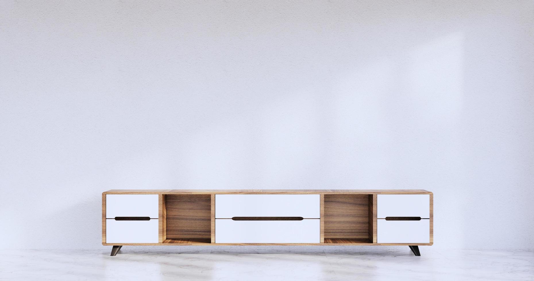 kabinet houten Japans ontwerp op woonkamer zen stijl lege muur background.3d rendering foto