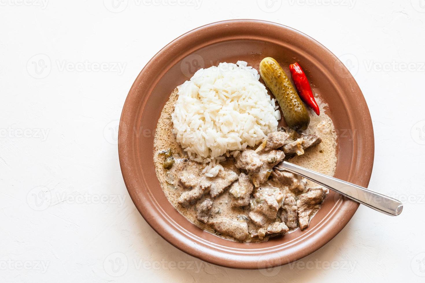 aan het eten van rundvlees stroganoff schotel van bord Aan wit foto