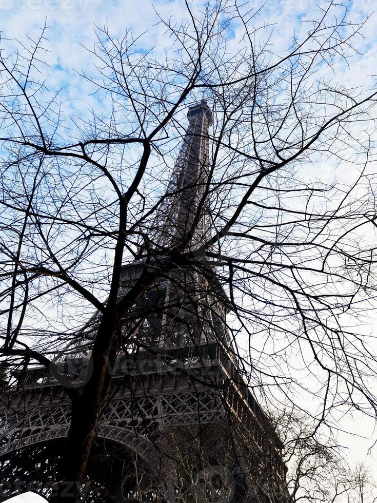 eiffel toren en boom takken in Parijs in voorjaar foto