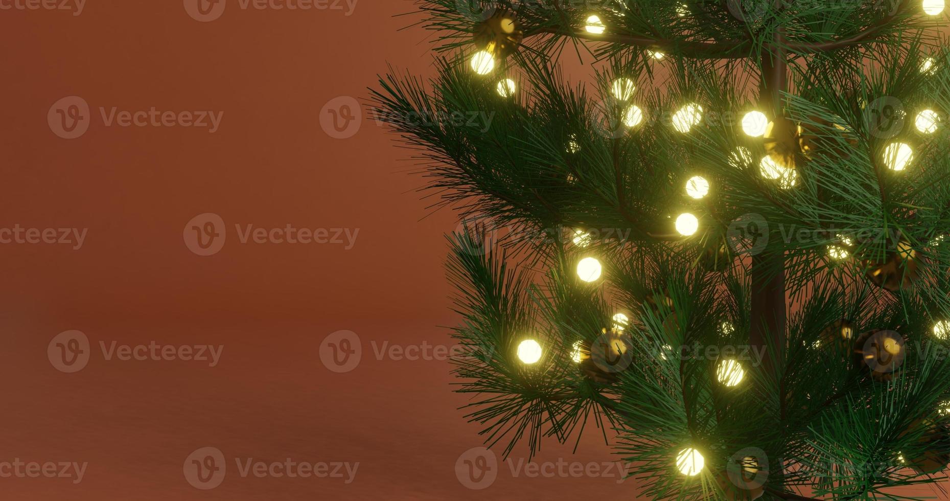 achtergrond ontwerp met Kerstmis themed pijnboom boom romp en bladeren en accessoires, vrij ruimte Aan links, 3d renderen en 4k grootte foto