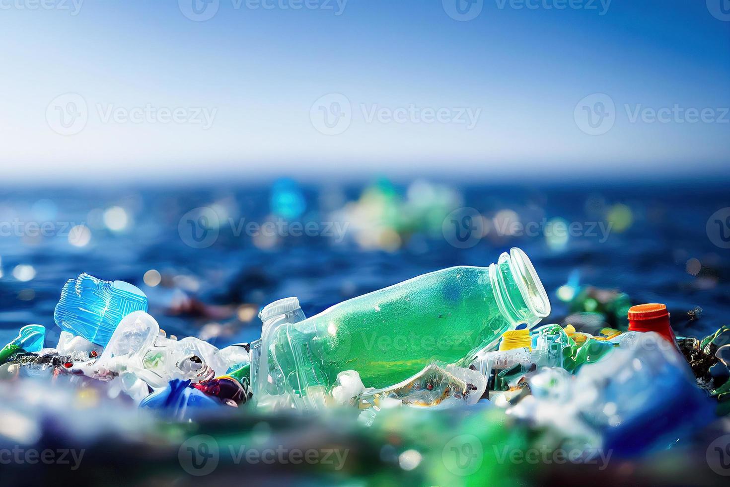 probleem plastic flessen en microplastics drijvend in de oceaan. foto