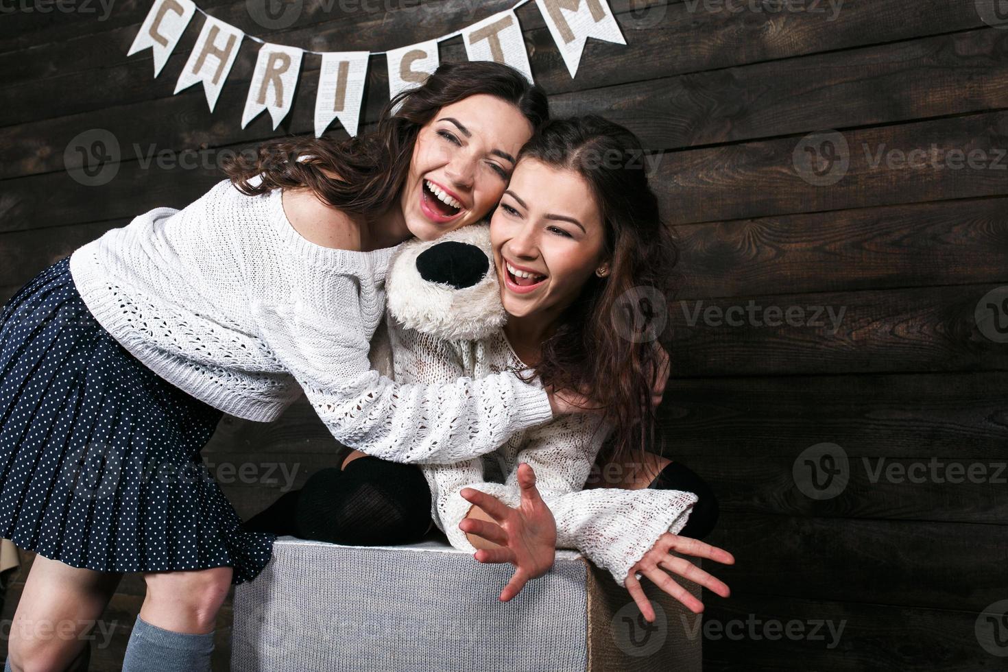 familie nieuw jaar foto's, een zus knuffelen elk foto