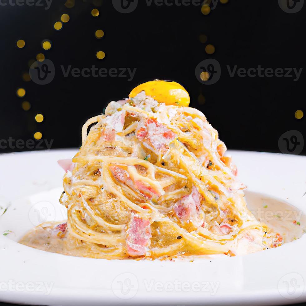 spaghetti Carbonara Product schot, zwart bokeh achtergrond premie foto