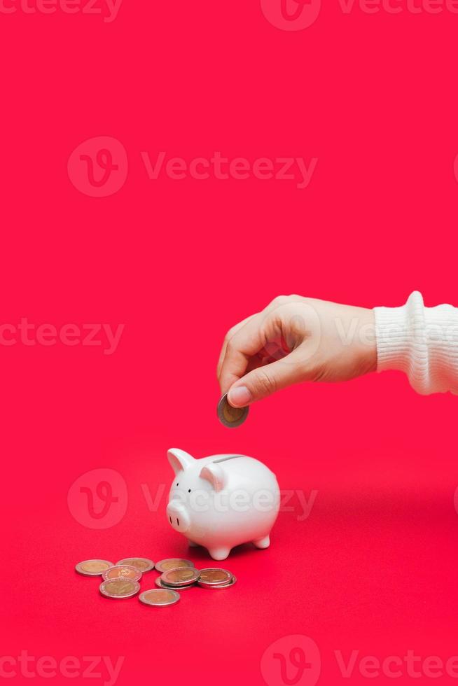 vrouw hand- zetten geld munt in varkentje foto