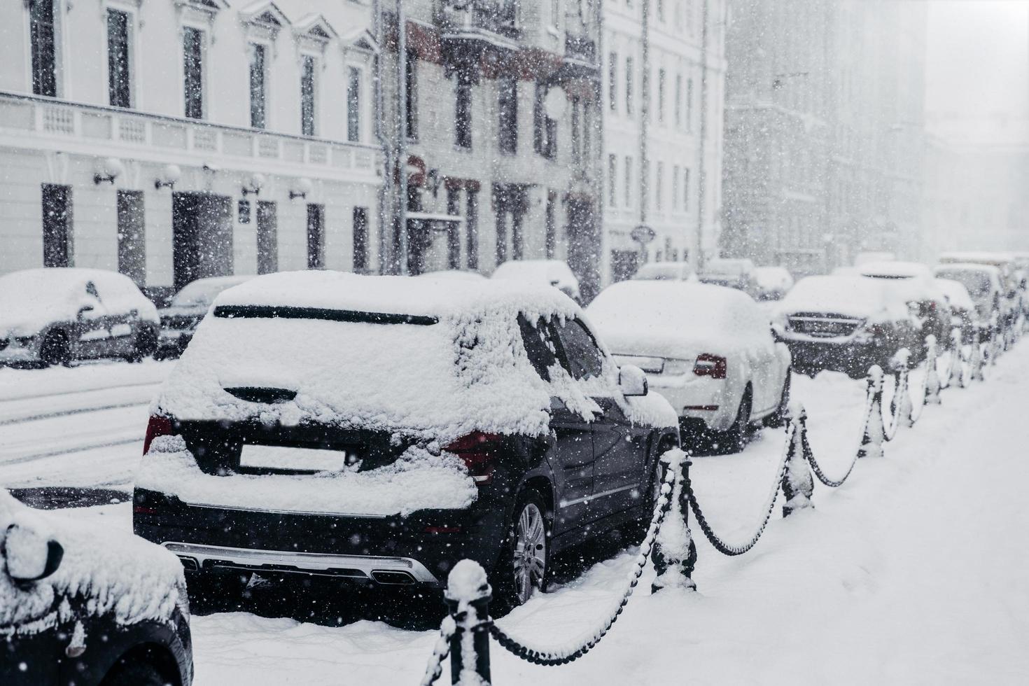 sneeuw gedekt weg en vervoer. verlamd stad na zwaar sneeuwval. auto's gedekt met dik sneeuw. winter weer en natuurlijk ramp concept foto