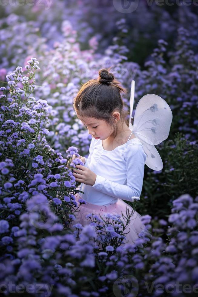 Aziatisch weinig meisje slijtage een magie ballet fee kostuum in mooi Purper van Margaret bloemen veld. foto