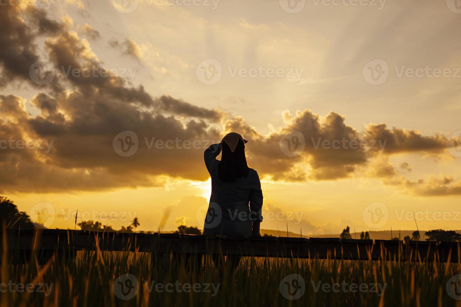 de terug schaduw van een vrouw zittend Aan een houten brug in de licht van de avond zon. foto
