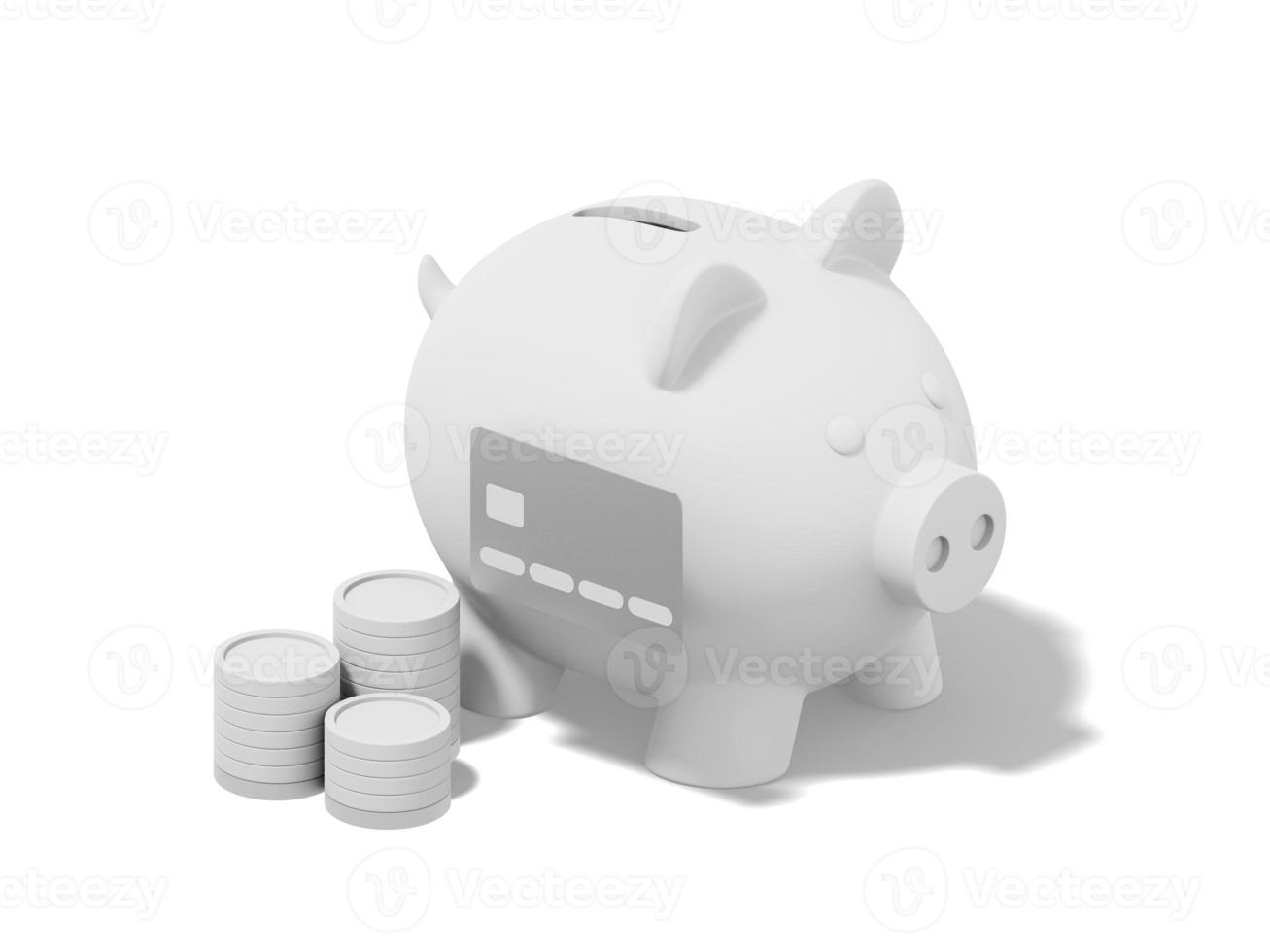 accumulatie van spaargeld icoon. 3d weergave. wit varkentje bank met stapels van munten, credit kaart Aan wit achtergrond. foto