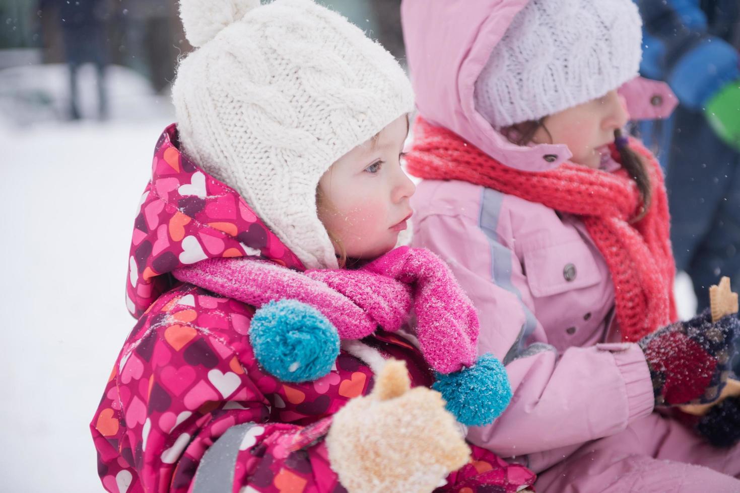 portret van twee weinig meisjes zittend samen Aan sleeën foto