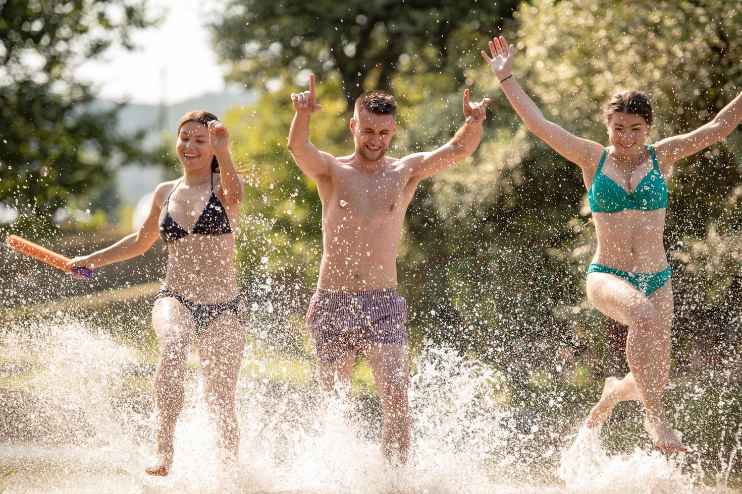 zomer vreugde vrienden hebben pret Aan rivier- foto