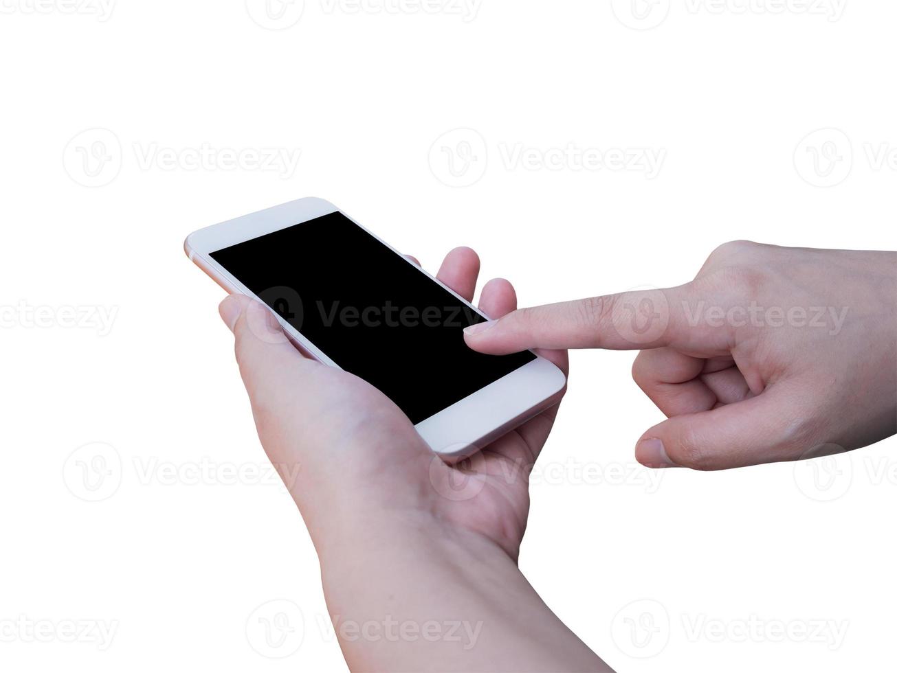 hand die slimme telefoon houdt die op witte achtergrond wordt geïsoleerd foto