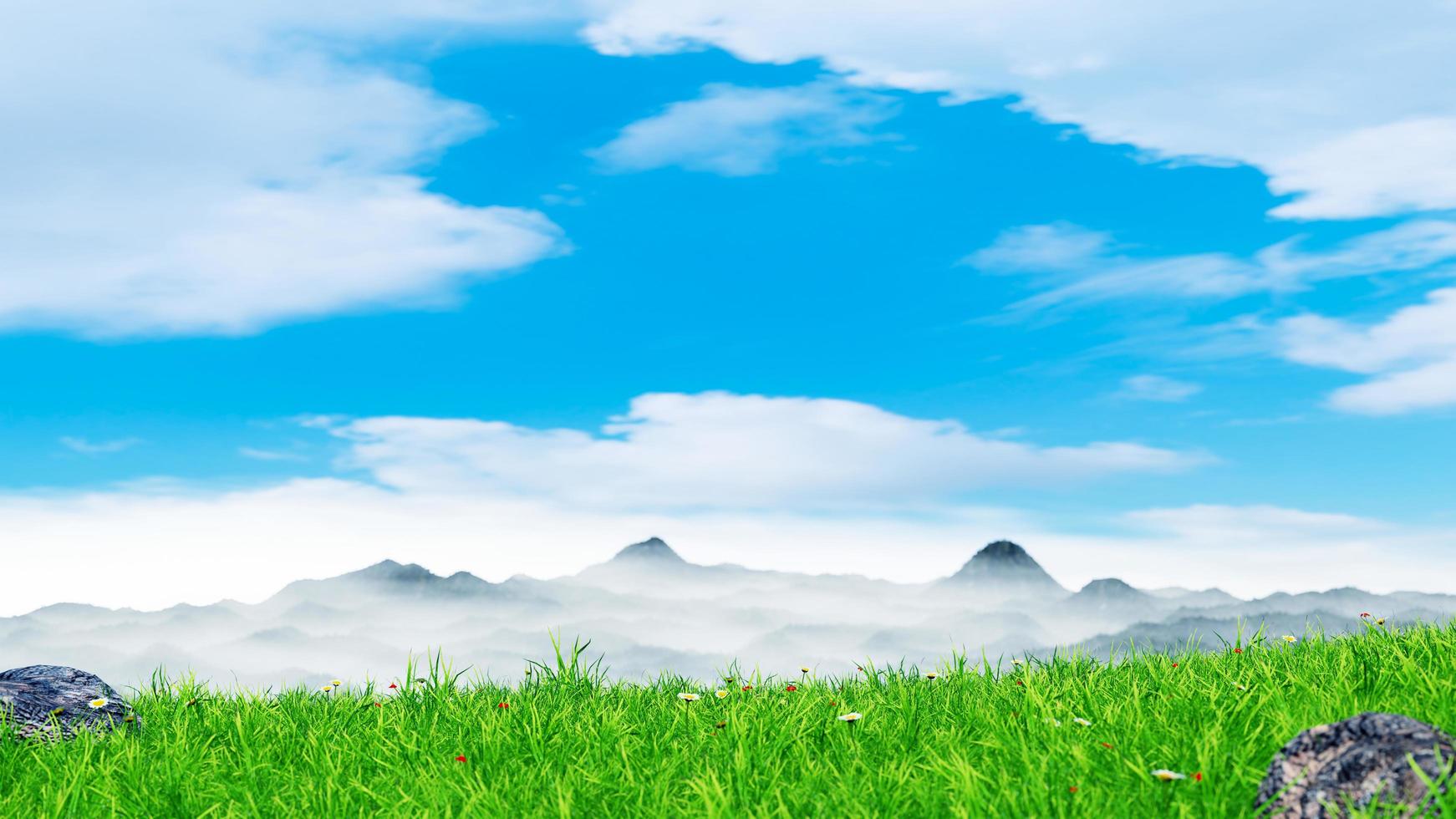 hoog berg landschap of complex berg landschappen. terrein weide Aan de berg reeks in de ochtend- Daar is een mist aan het bedekken de top. 3d renderen foto