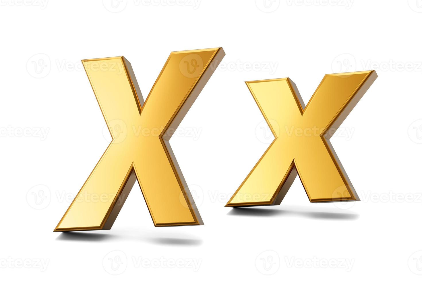 3d brief X in goud metaal Aan een wit geïsoleerd achtergrond, hoofdstad en klein brief 3d illustratie foto