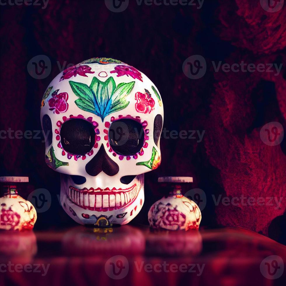 Mexicaans suiker schedel wit schedel met bloemen verf en vaas foto