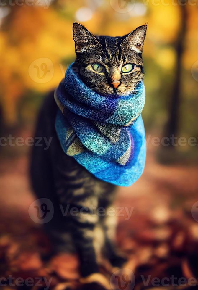 een kat vervelend een sjaal in een herfst Woud. foto