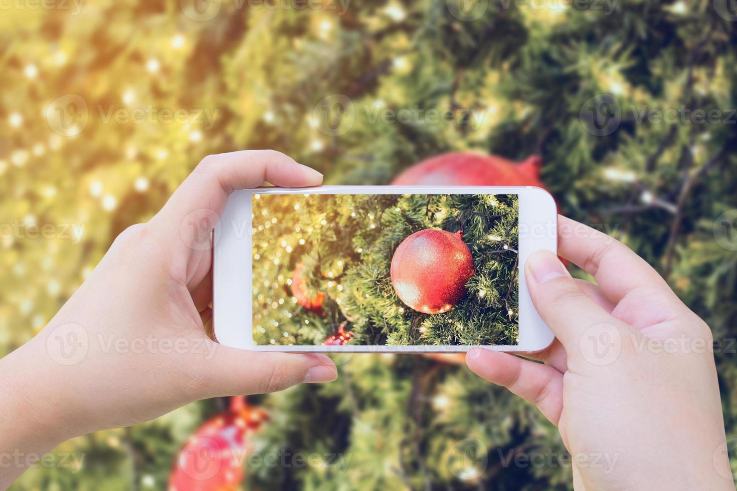 nemen foto van Kerstmis decoratie Aan Kerstmis boom