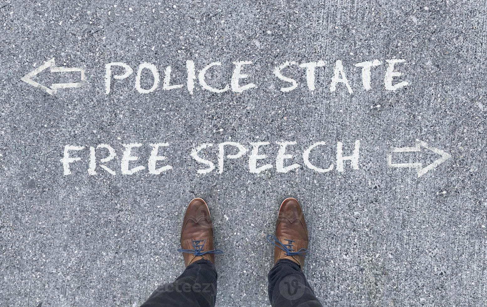 top visie Aan een Mens staand in voorkant van de woorden Politie staat en democratie met pijlen richten naar de links en Rechtsaf kant van de afbeelding foto