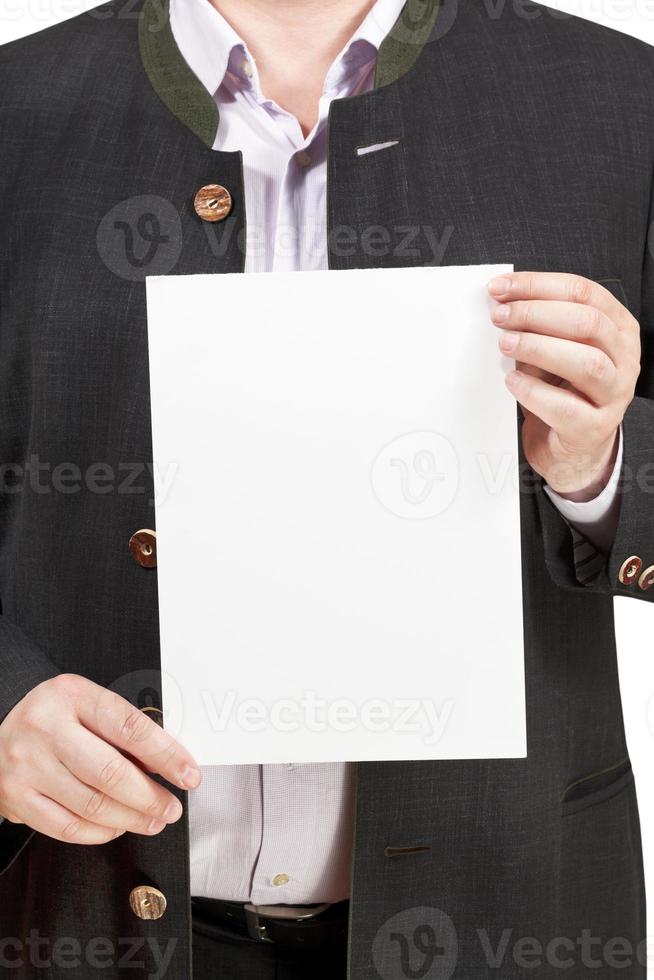 instructeur houdt blanco vel van papier in handen foto