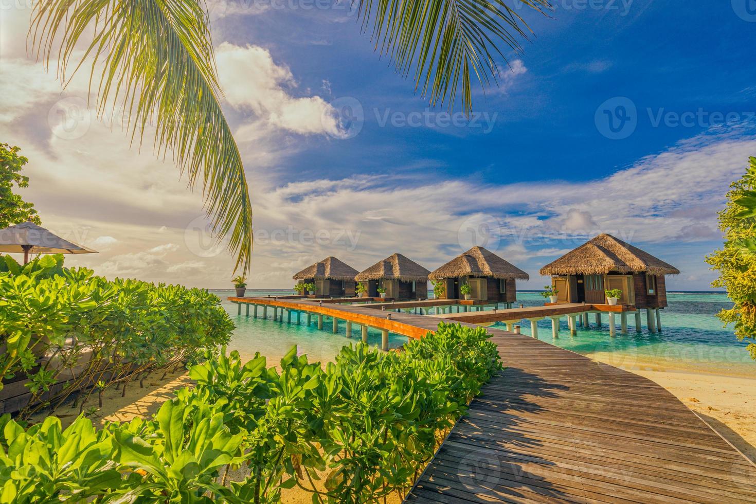 luxehotel met watervilla's en palmbladeren over wit zand, dicht bij blauwe zee, zeegezicht. strandstoelen, bedden met witte parasols. zomervakantie en vakantie, badplaats op tropisch eiland foto