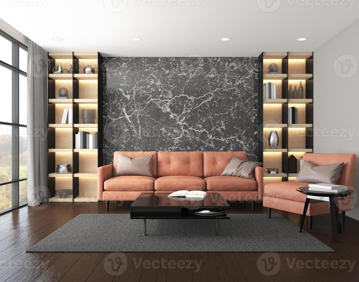 moderne luxe woonkamer met leren bankstel, zwart marmeren muur en boekenplank. 3D-rendering foto