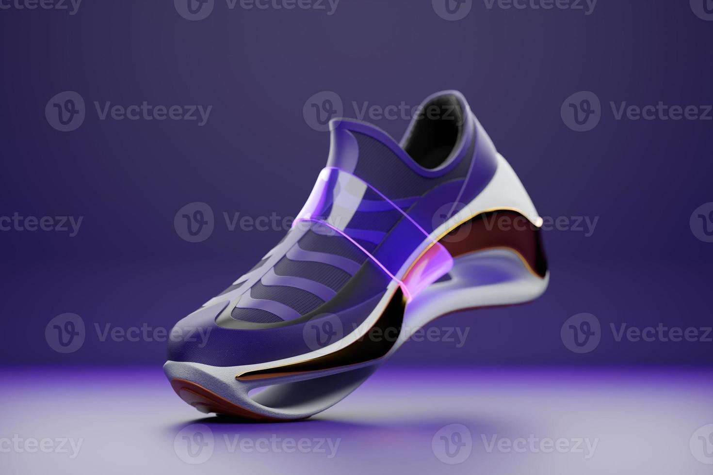 3d illustratie van een conceptenschoen voor metavers. paarse sportlaars sneaker op een hoog platform. foto