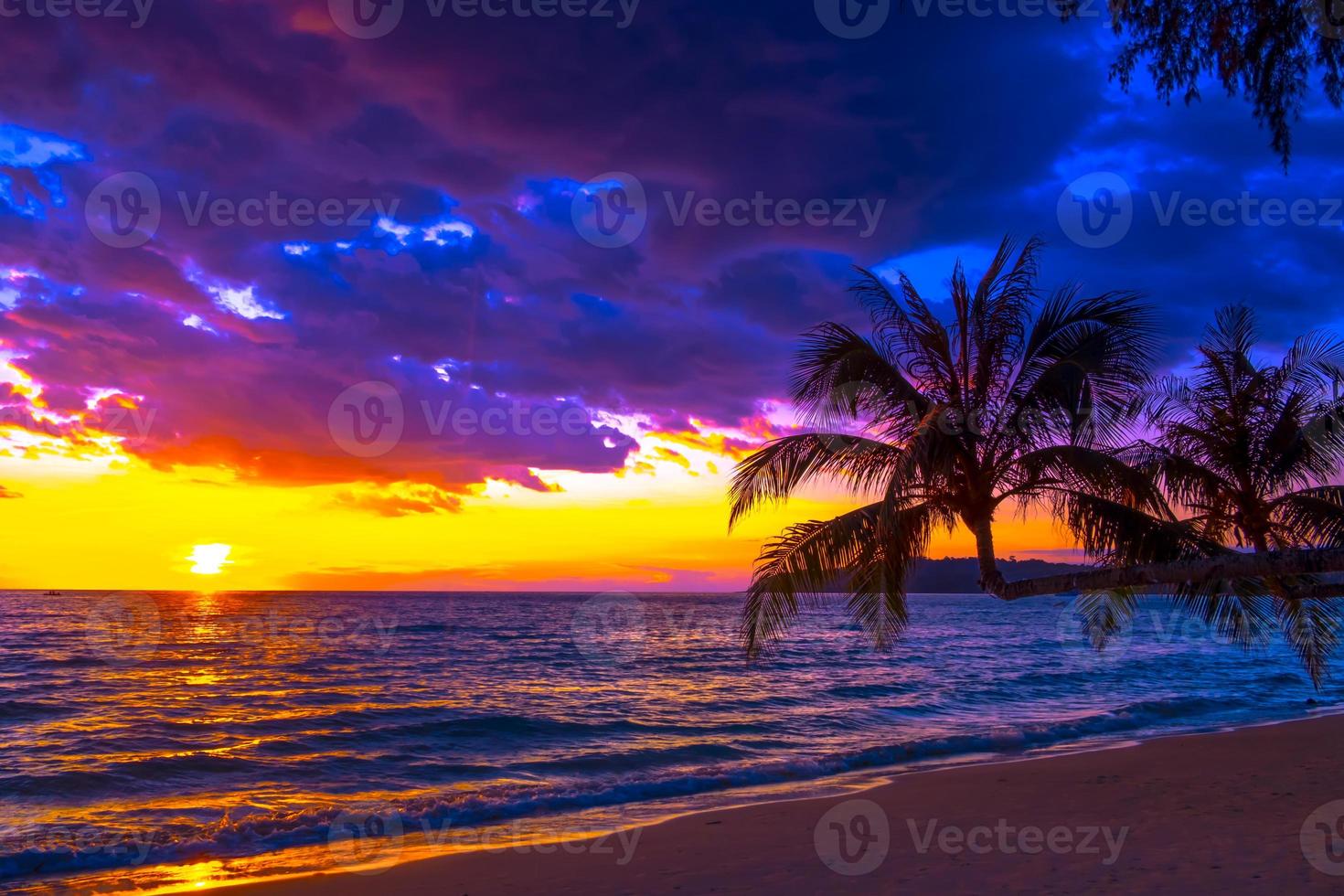 mooi zonsondergang over- de zee Aan tropisch strand met palm boom en kleurrijk lucht voor reizen en vakantie foto