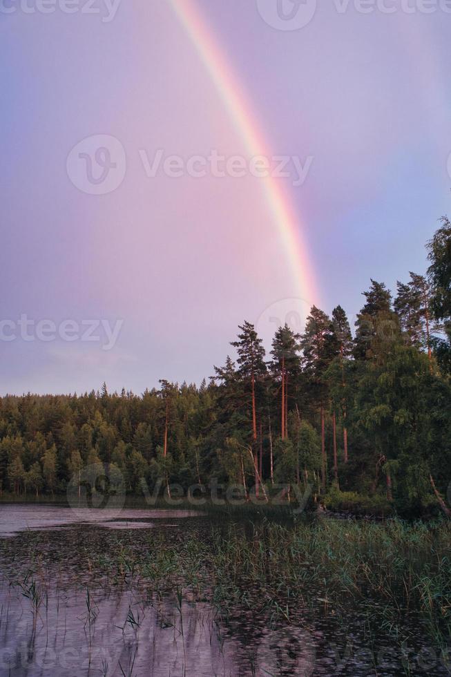 regenboog weerspiegeld in de meer wanneer het regent. natuur foto's van Zweden foto