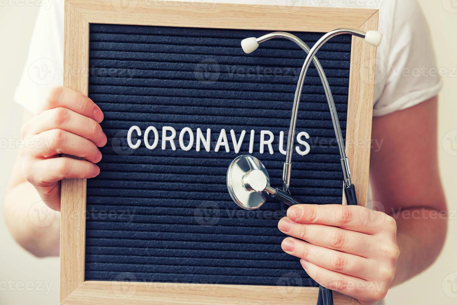 vrouw hand met zwarte letter bord met tekst zin coronavirus en stethoscoop. nieuw coronavirus 2019-ncov, mers-cov midden-oosten respiratoir syndroom coronavirus afkomstig uit Wuhan China foto