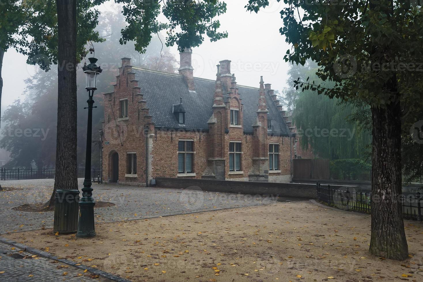eenzaam nevelig herfst ochtend- Aan de oud middeleeuws stad park in Brugge, belgië. oude steen huis en geplaveide bestrating met gedaald bladeren breed hoek visie. foto