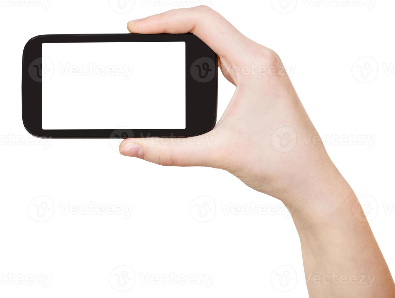 hand- Holding touch screen telefoon geïsoleerd foto