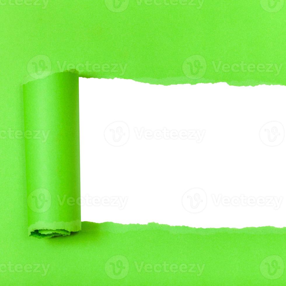 groen opgerold gescheurd papier Aan plein achtergrond foto