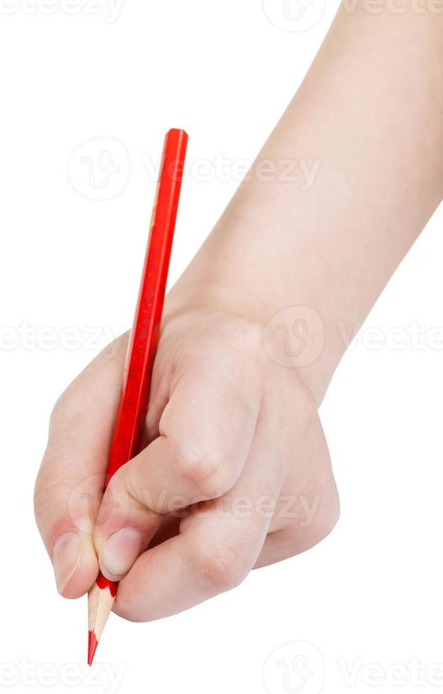 hand- trekt door houten rood potlood geïsoleerd Aan wit foto