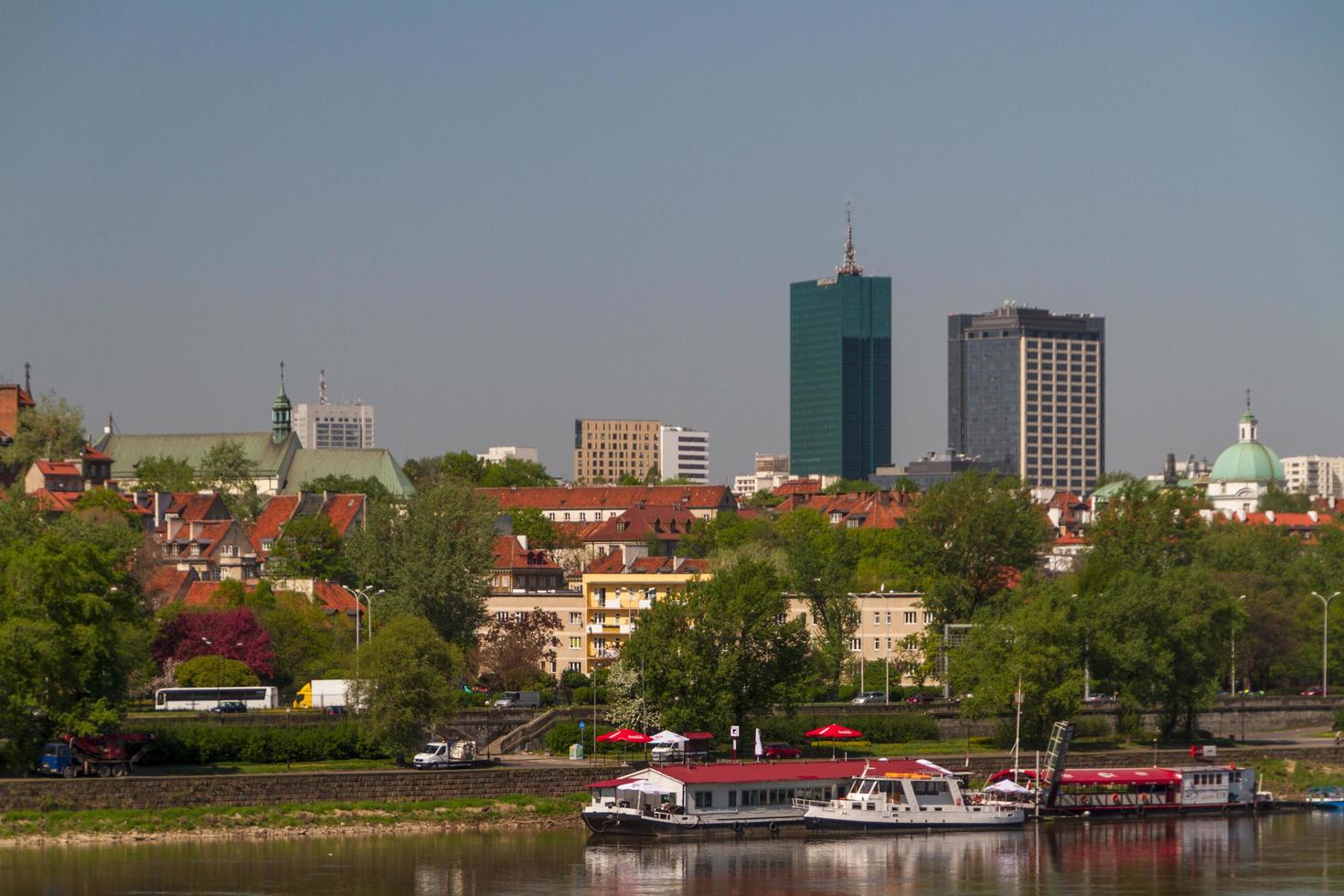 oude stad aan de rivier vistula schilderachtig landschap in de stad warschau, polen foto