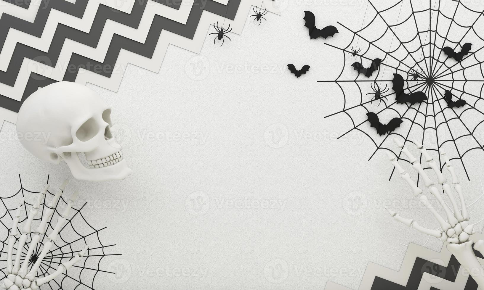gelukkig halloween partij posters met spin web knuppel met pompoenen in tekenfilm illustratie. vol maan en boe geest met menselijk hand- en hoofd skelet. beton structuur top visie achtergrond. 3d renderen foto