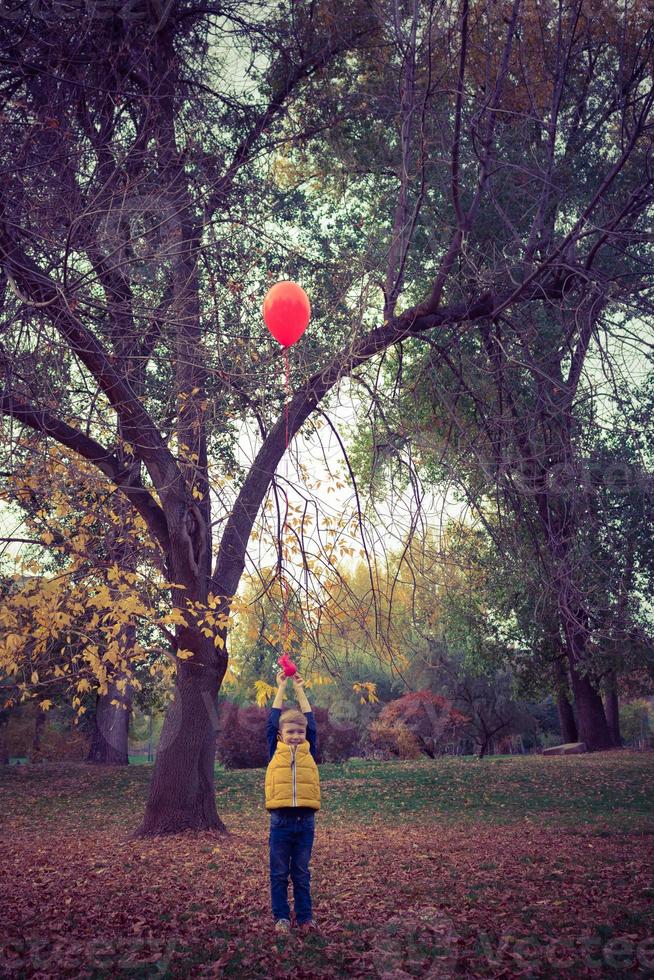 gelukkig jongen Holding ballon hoog omhoog in de park. foto