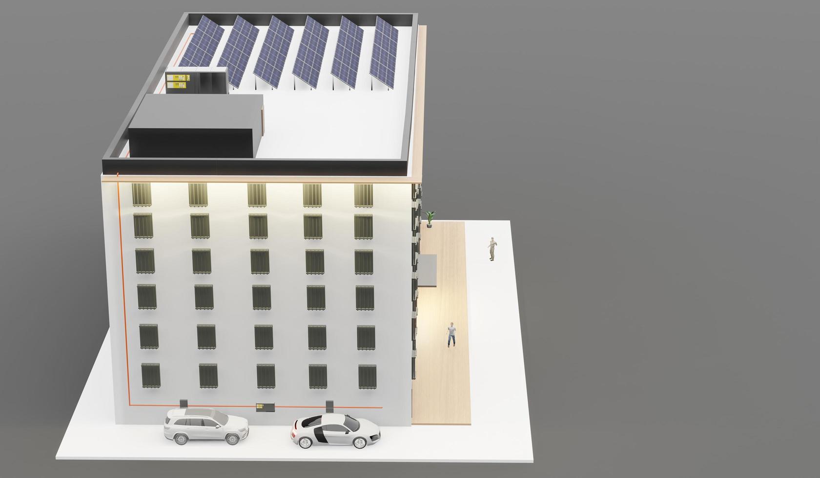 appartement huis dak met zonne- panelen elektrisch auto oplader in gebouw slim huis zonne- huis 3d illustratie foto