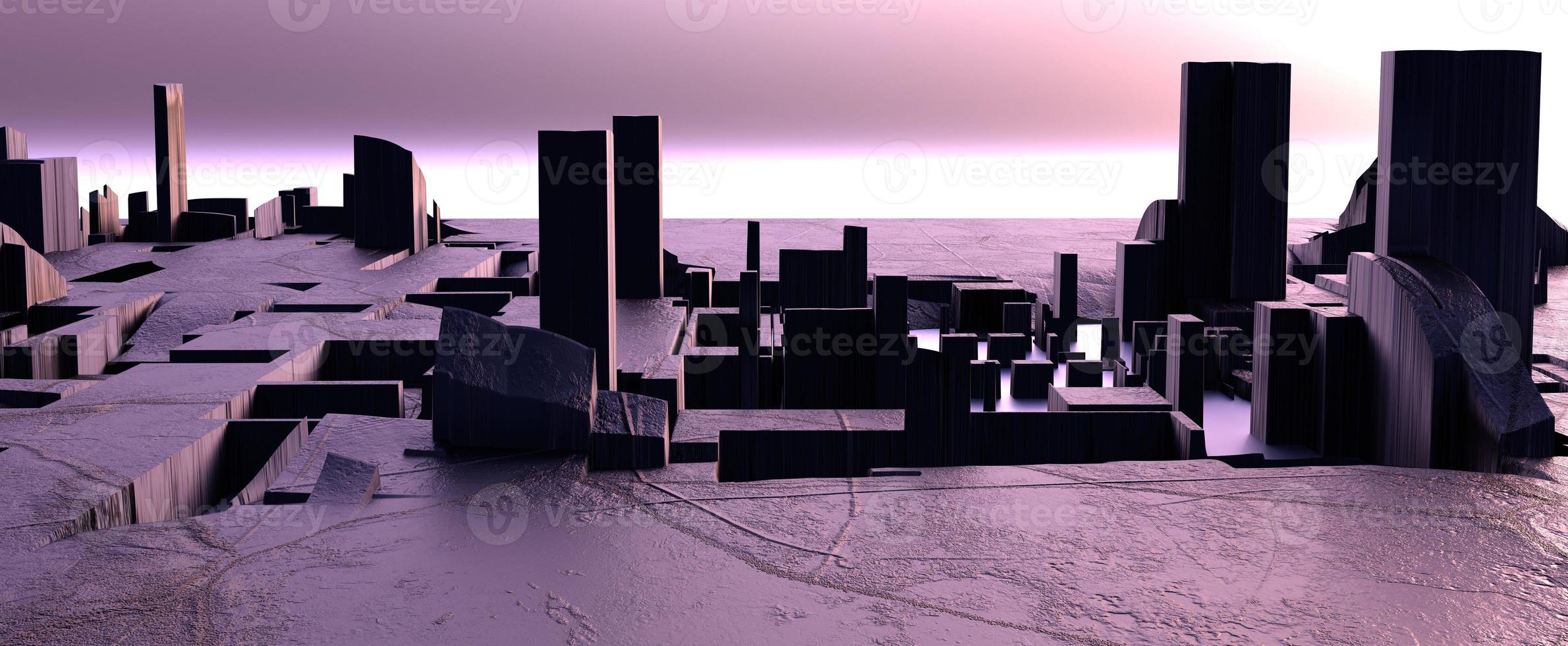 abstract stad ruïnes van roze steen achtergrond. oude futuristische marmeren gebouwen 3d geven van een verlaten stad. antiek Purper stoffelijk overschot van vernietigd en overstroomd metropolis foto